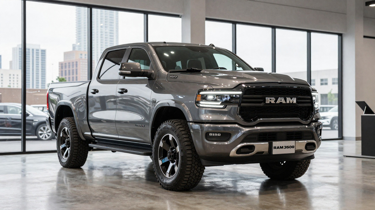 Grau-schwarzer RAM 3500 Pickup mit großen Reifen in modernem Showroom mit Glasfront und urbanem Hintergrund.