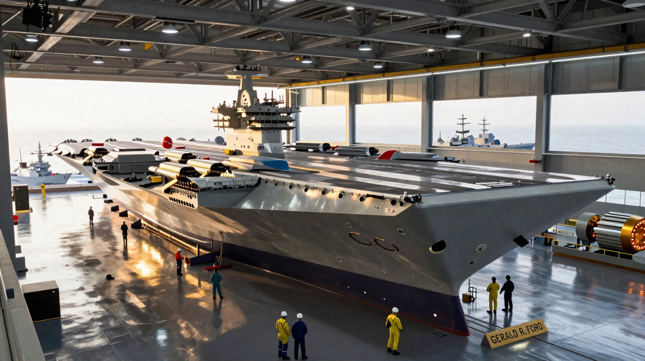 Großes Kriegsschiff Gerald R. Ford in einer Werfthalle mit mehreren Arbeitern auf glänzendem Boden.