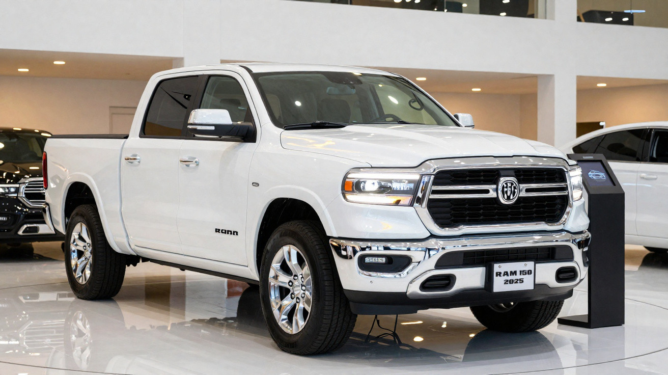 Weißer RAM 1500 Pickup 2025 Modell in Ausstellungshalle mit glänzenden Chromdetails und vier Türen.