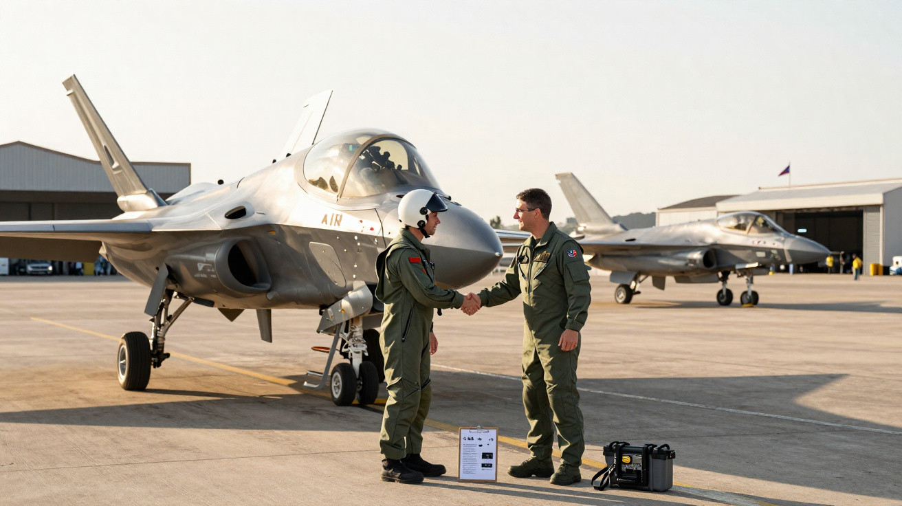 Zwei Militärpiloten in Kampfanzügen schütteln sich vor zwei geparkten Kampfjets auf einem Flugplatz die Hand.