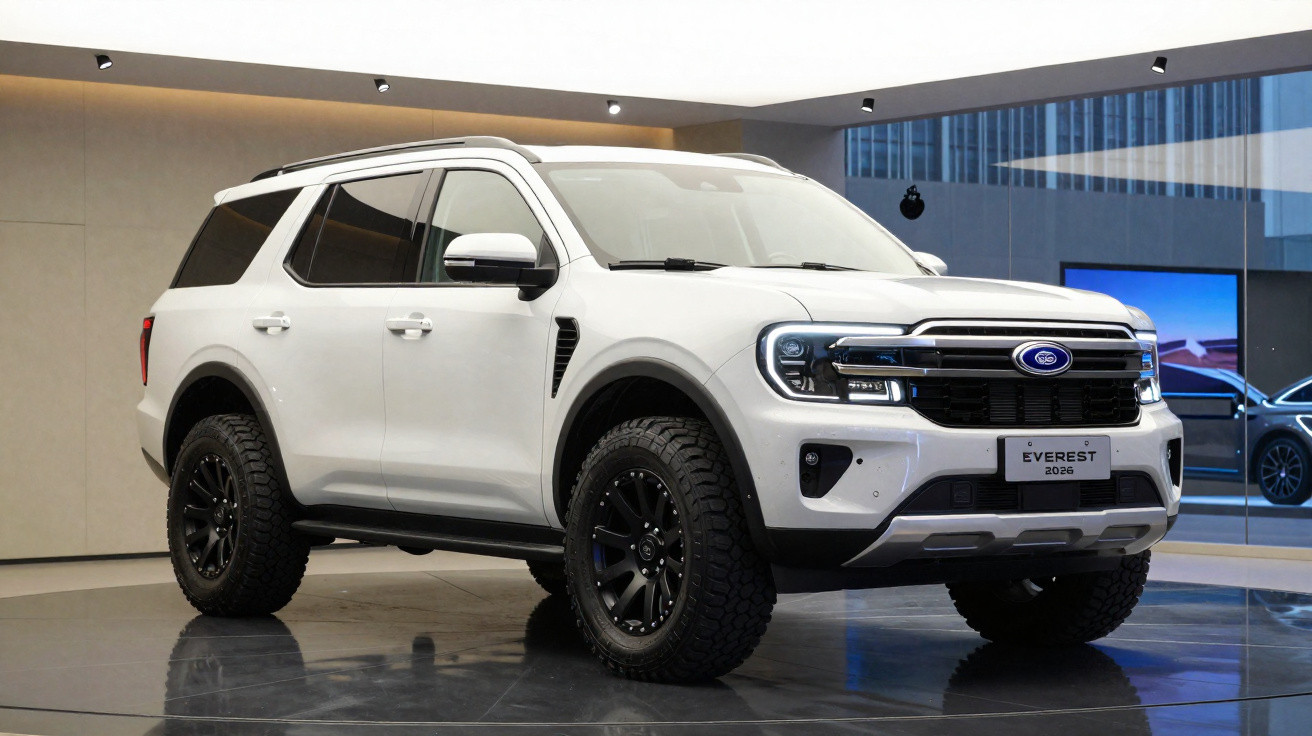 Weißer Ford Everest 2026 SUV im Ausstellungsraum mit schwarzen Offroad-Reifen und moderner Beleuchtung.