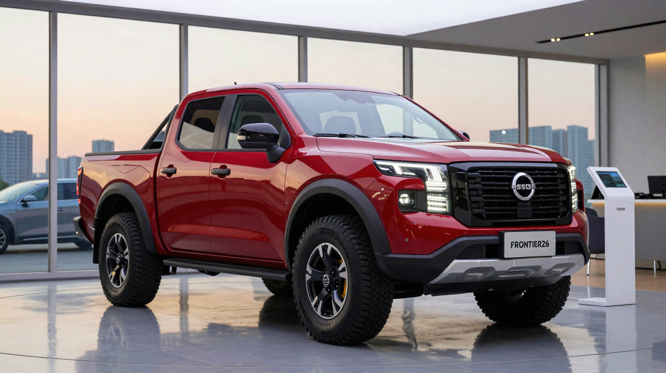 Roter Nissan Frontier26 Pickup im Showroom mit großen Reifen und moderner Frontgestaltung.