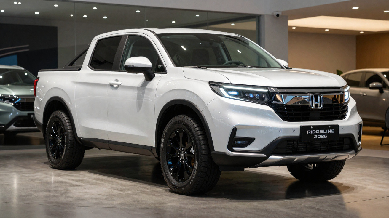 Weißer Honda Ridgeline 2026 Pickup im Showroom mit schwarzer Front und LED-Scheinwerfern.