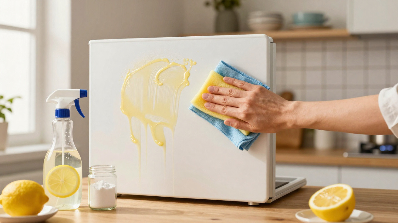 Hand wischt mit Schwamm und Tuch eine klebrige Substanz von weißem Küchengerät in heller Küche ab.
