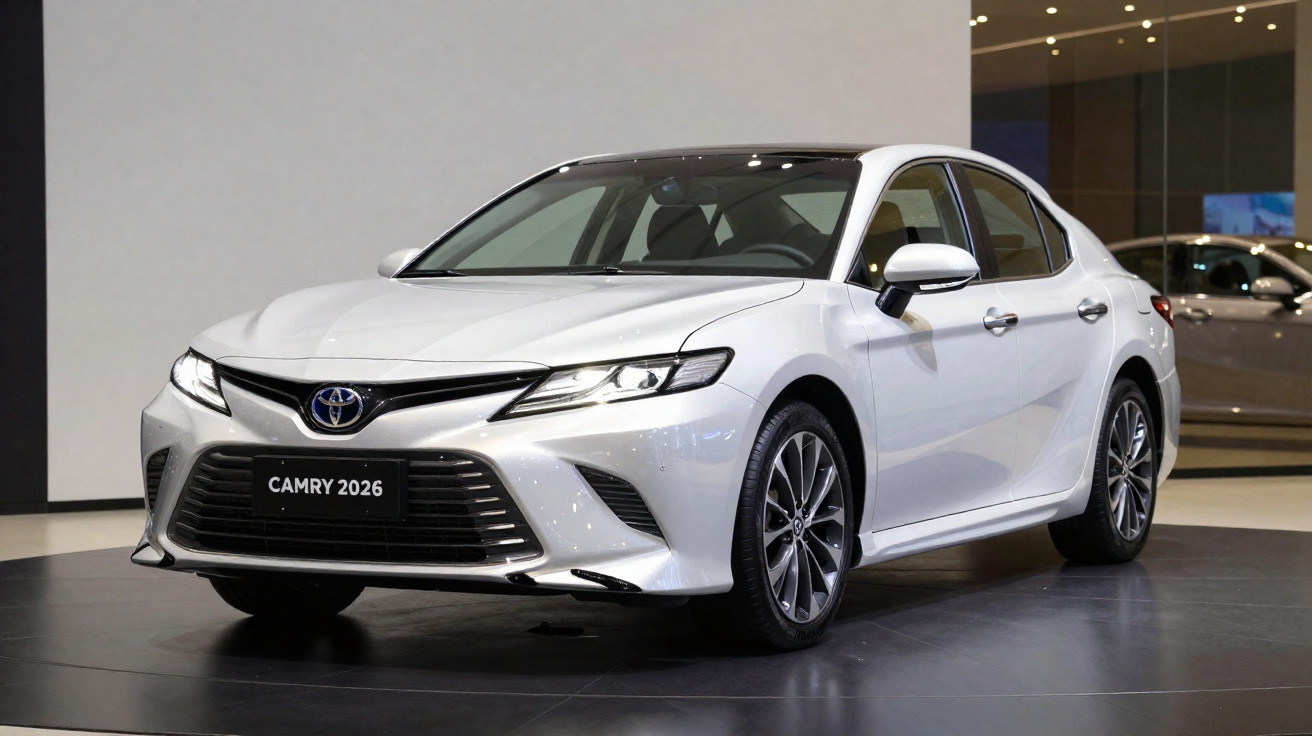 Weißer Toyota Camry 2026 Limousine im Ausstellungsraum mit moderner Front und LED-Scheinwerfern.