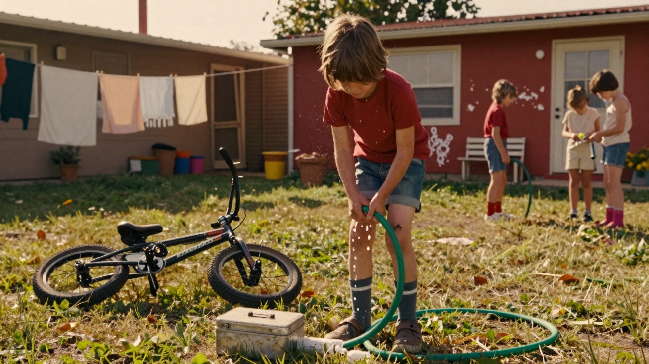 Kind in rotem Shirt gießt mit Gartenschlauch im Garten, im Hintergrund spielen drei weitere Kinder.