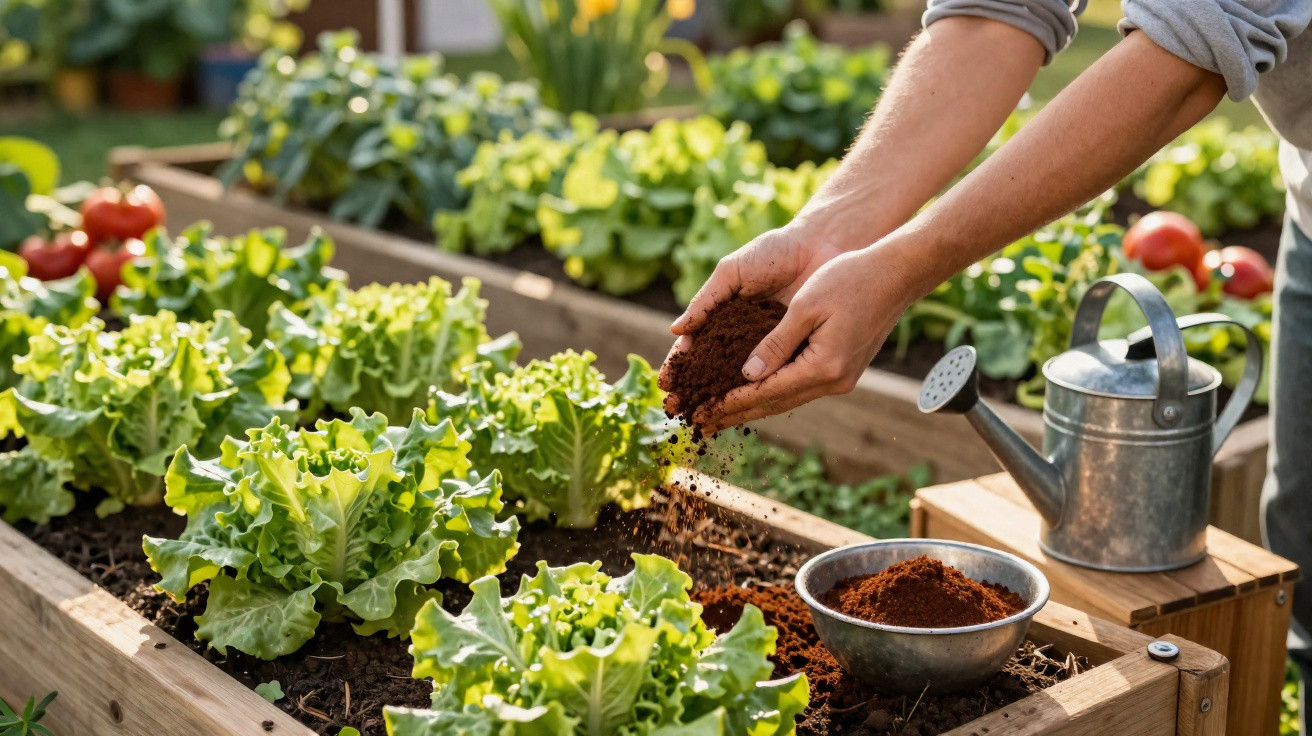 Person gibt Erde in Hochbeet mit grünem Salat, Gießkanne steht daneben im Garten.