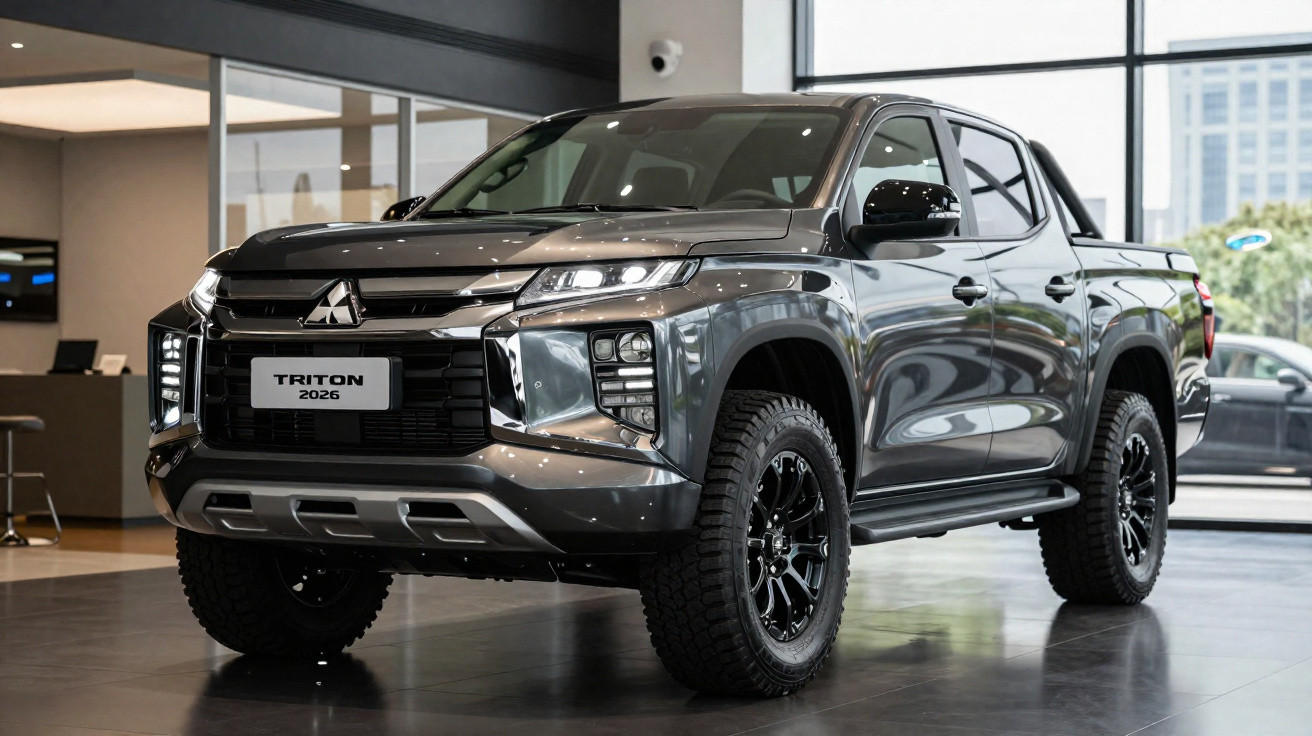 Silberner Mitsubishi Triton 2026 Pickup-Pkw in Ausstellungshalle mit großem Fenster im Hintergrund.