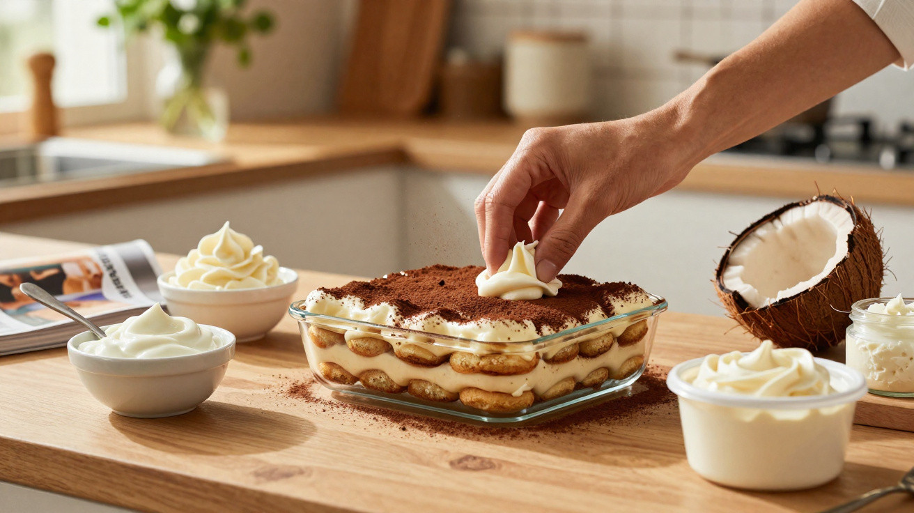 Hand dekoriert Tiramisu mit Sahne auf Holzarbeitsplatte in gemütlicher Küche.