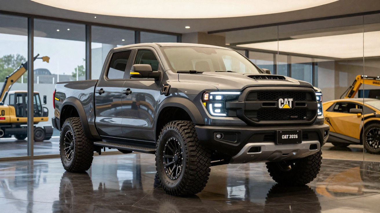 Grau-schwarzer CAT Pick-up Truck mit großen Reifen in modernem Showroom mit Baugeräten im Hintergrund.