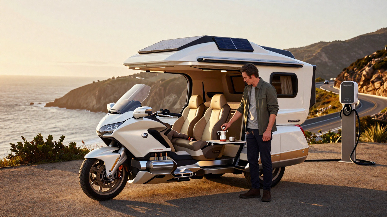Elektromotorrad mit Campingaufbau an Ladestation, Mann stellt Kaffee auf Klapptisch, Küstenstraße im Hintergrund.