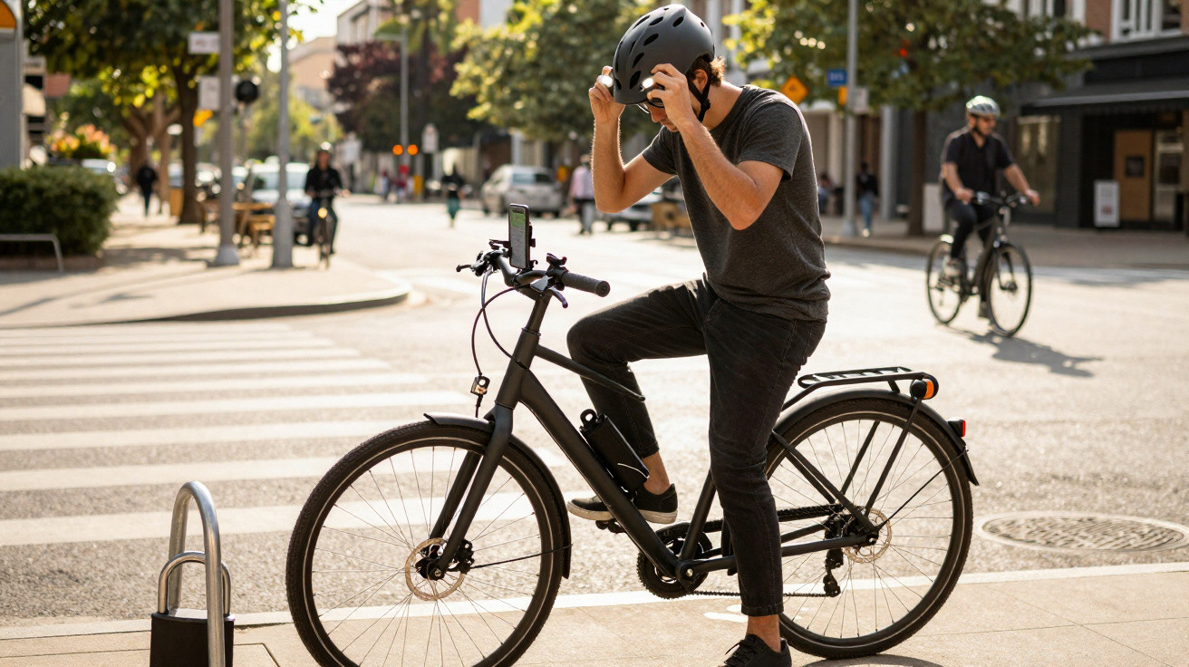 Fahrradfahrer setzt sich auf dem Bürgersteig urbanen Fahrradhelm auf, weitere Radfahrer im Hintergrund sichtbar.