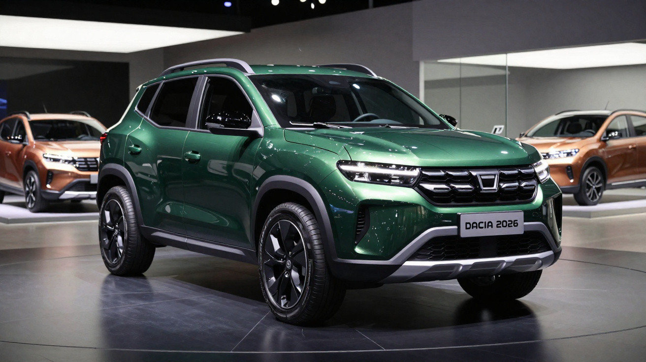 Grüner Dacia SUV 2026 im Ausstellungsraum mit zwei orangen Modellen im Hintergrund.