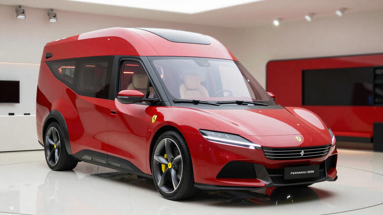 Rotes Ferrari-Hochdachfahrzeug im modernen Innenraum mit sportlichem Design und großen Panoramafenstern.