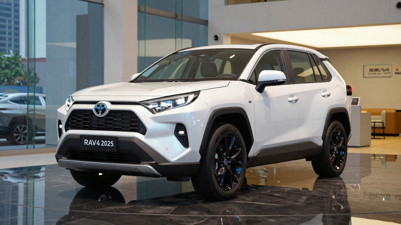 Weißer Toyota RAV4 2025 SUV in modernem Autohaus mit schwarzem Kühlergrill und Felgen.