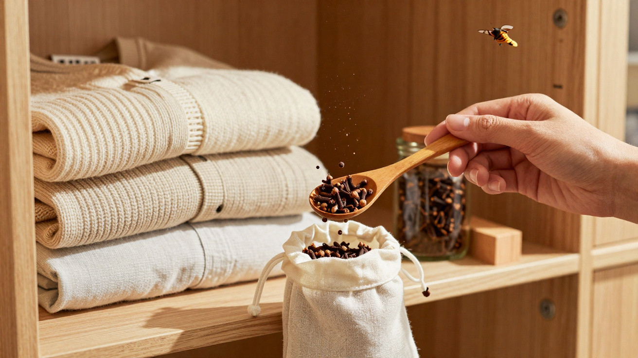 Hand schaufelt Nelken mit einem Holzlöffel in einen weißen Baumwollsack, im Hintergrund gefaltete Pullover.