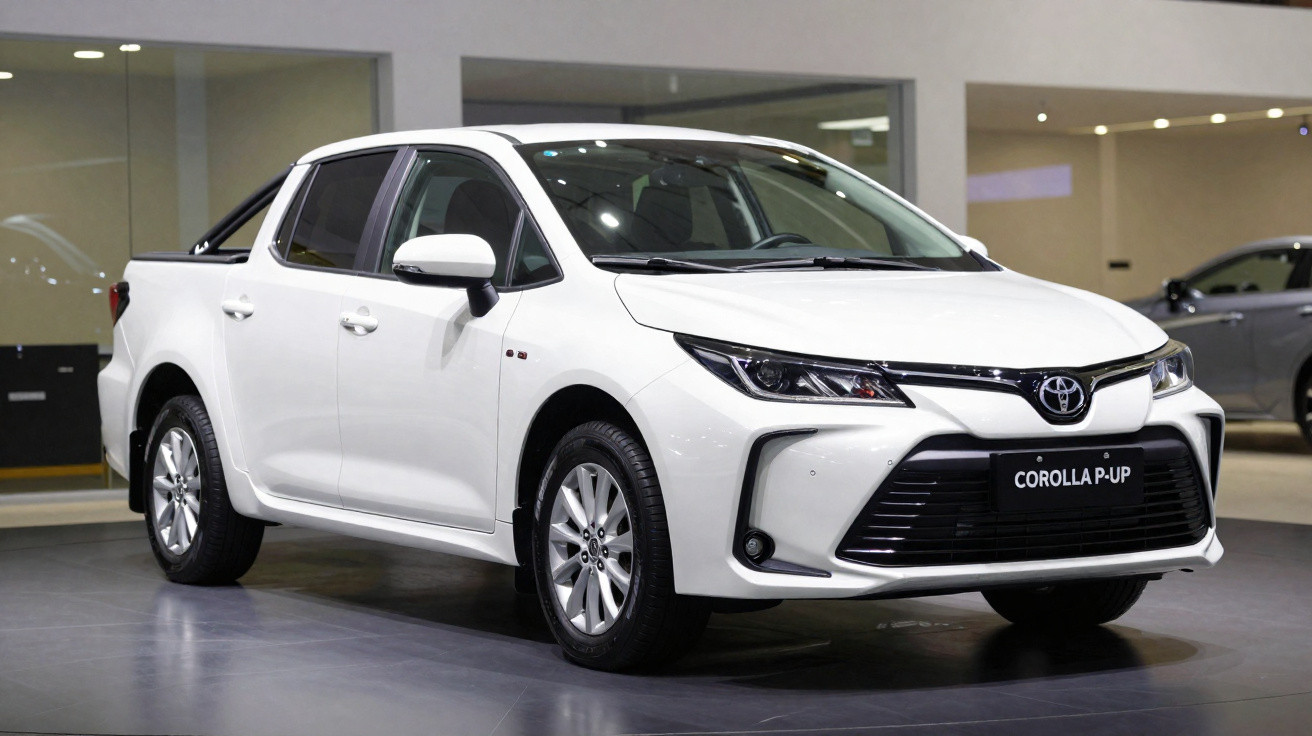 Weißer Toyota Corolla Pick-up im Ausstellungsraum, Front- und Seitenansicht bei Innenbeleuchtung.
