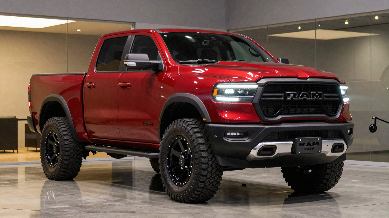 Roter RAM Pickup mit großer Ladefläche und Offroad-Reifen in modernem Innenraum mit glattem Boden.