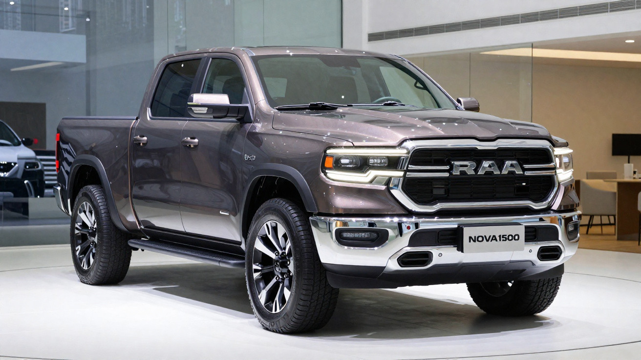 Grauer RAA Nova1500 Pickup-Truck mit Doppelkabine, präsentiert auf weißem Ausstellungsboden.