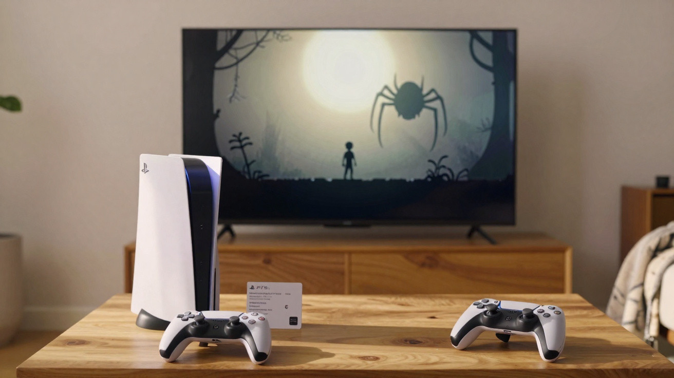 PlayStation 5 mit zwei Controllern und Spielbildschirm mit einer Spielfigur und großer Spinne.