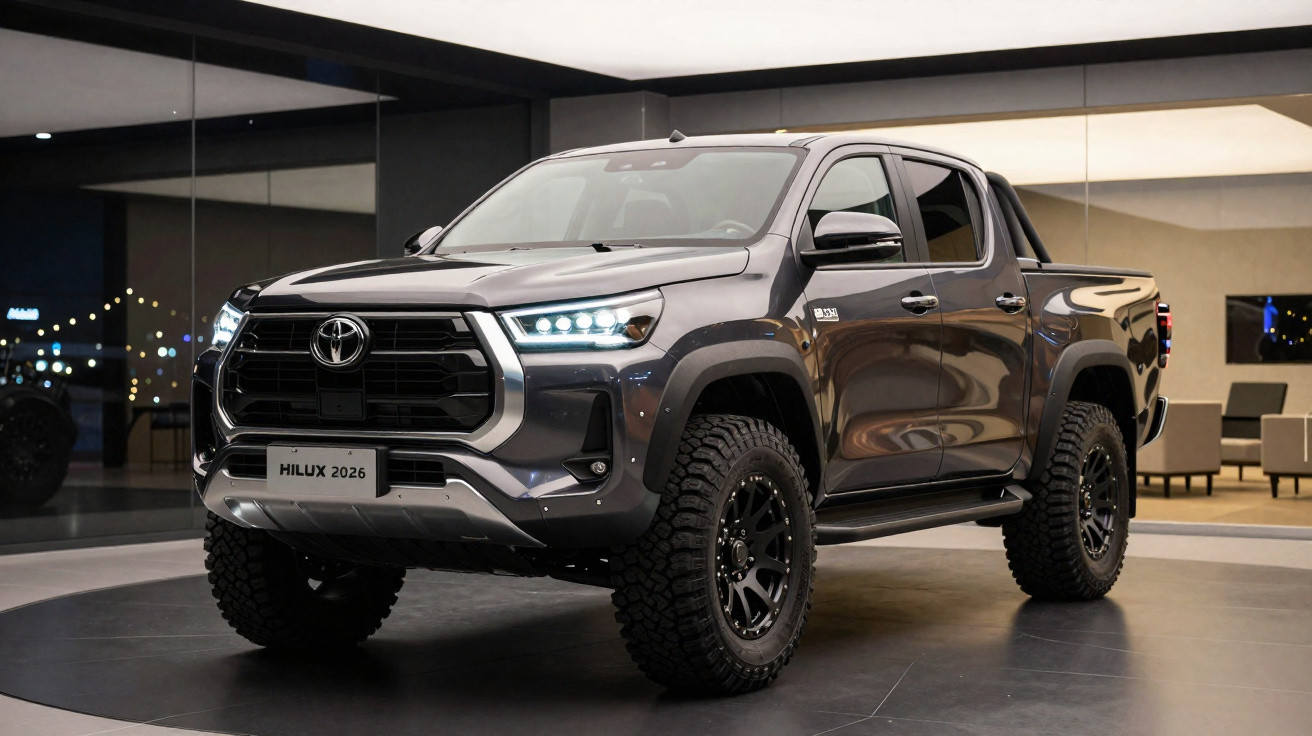 Grauer Toyota Hilux 2026 Pickup mit LED-Scheinwerfern und großen Offroad-Reifen in moderner Ausstellungshalle.