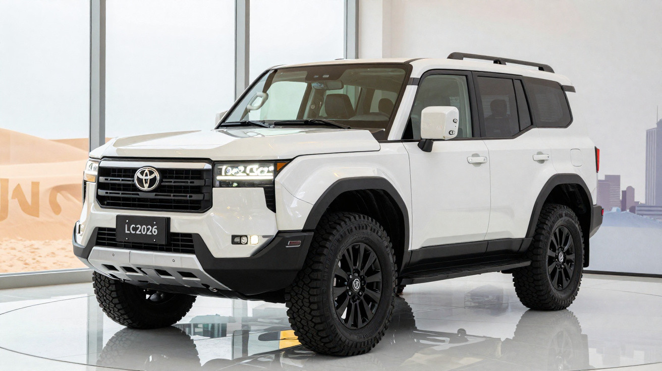 Weißer Toyota Geländewagen LC2026 mit robustem Design und großen Offroad-Reifen in heller Ausstellungshalle.