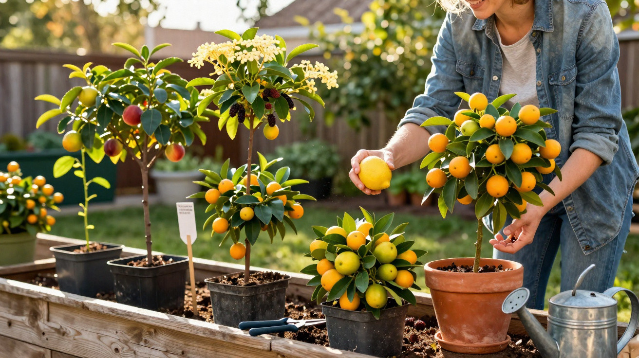 Frau erntet Zitronen von mehreren Zitruspflanzen in Töpfen auf einem hölzernen Hochbeet im Garten.