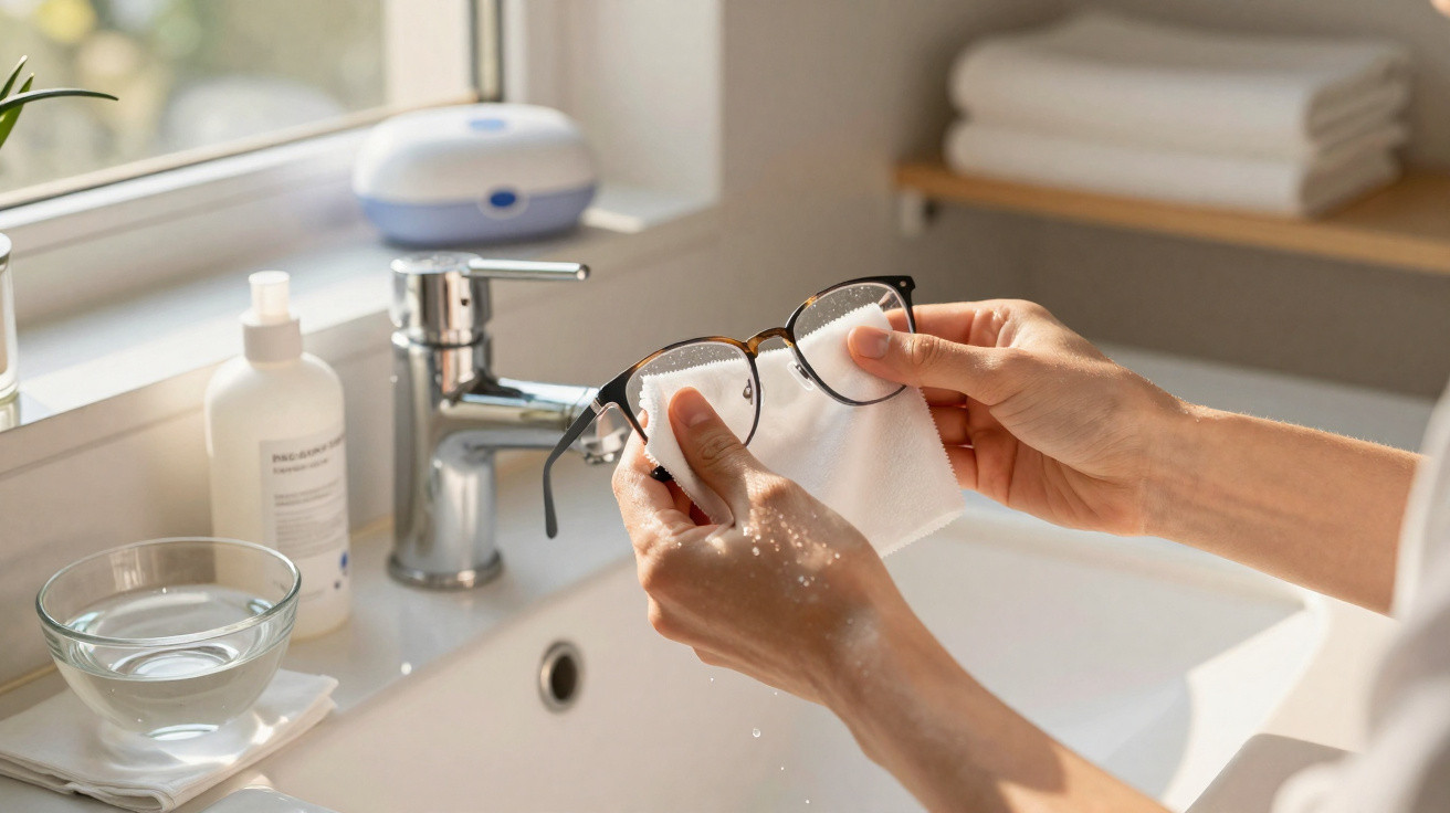 Person reinigt eine nasse Brille mit weißem Tuch über dem Waschbecken im Bad.