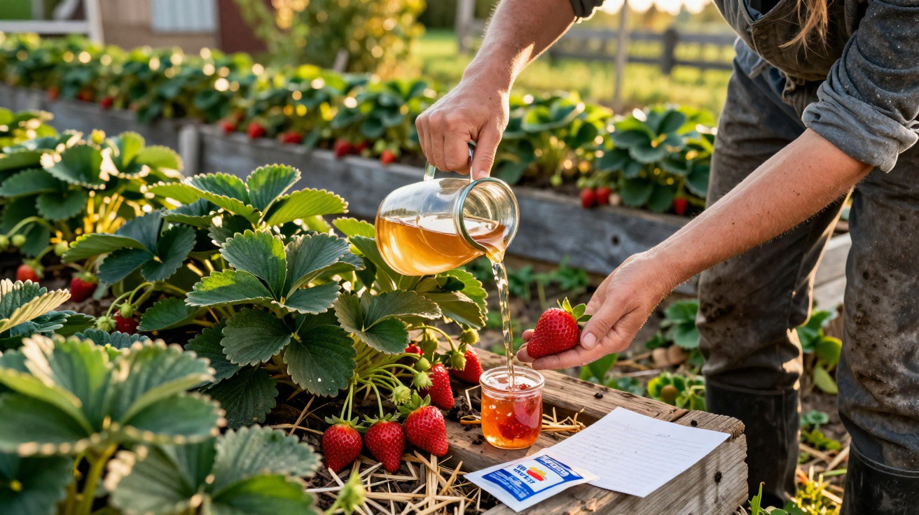 Person gießt Honig auf frisch gepflückte Erdbeeren in einem Erdbeerbeet im Garten bei Sonnenlicht.