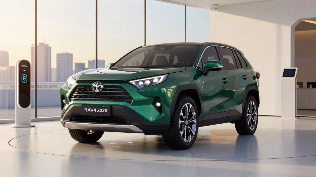 Grüner Toyota RAV4 2026 vor großer Fensterfront in modernem Showroom mit Ladestation.