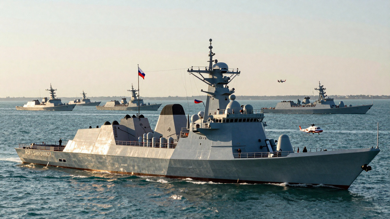 Russisches Kriegsschiff mit Flagge auf See, weitere Kriegsschiffe und Helikopter im Hintergrund.