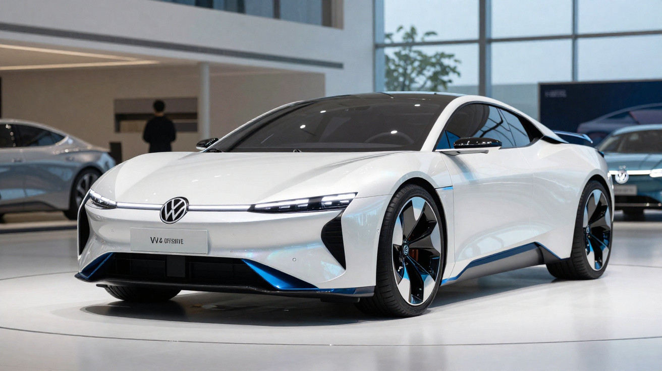 Weißes Volkswagen Elektroauto VW ID. Vizzion in moderner Ausstellungshalle mit großem Glasfenster.