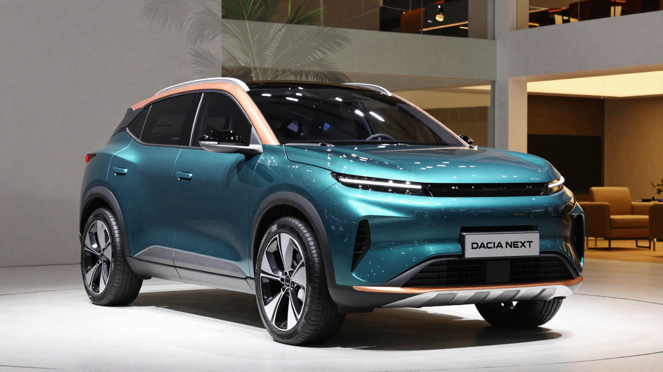 Blauer Dacia Next SUV mit schwarzen und kupferfarbenen Akzenten in moderner Ausstellungshalle.