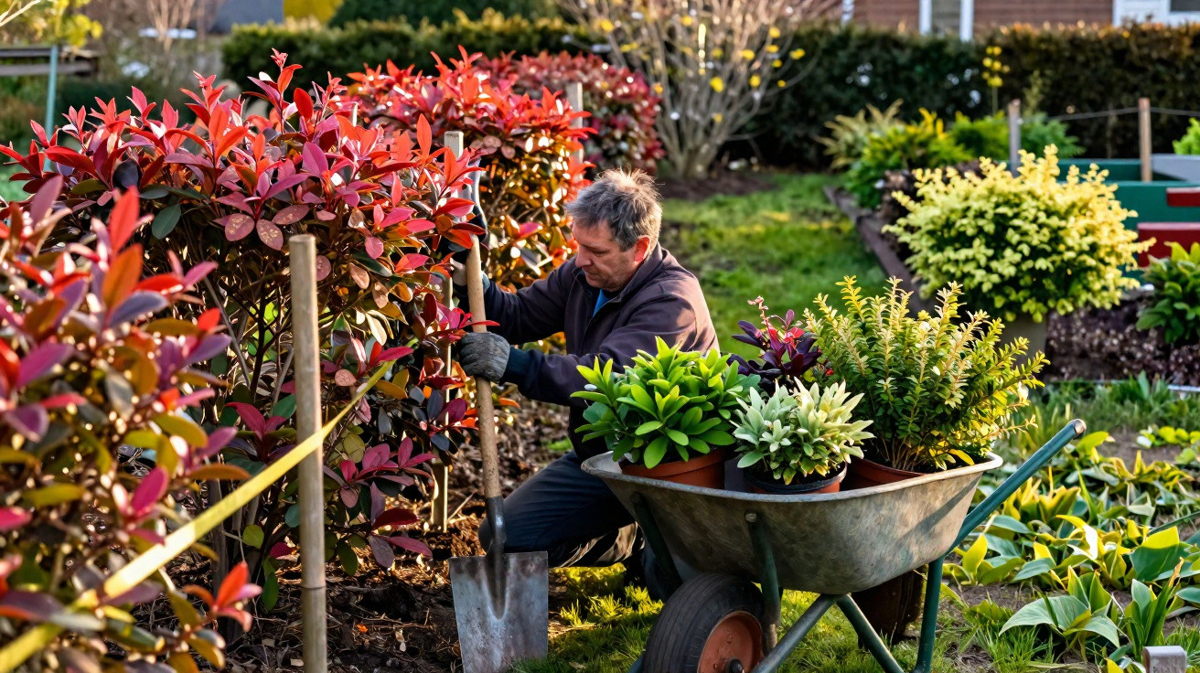 Mann bearbeitet Garten mit Spaten, rote Hecke und Schubkarre mit verschiedenen Pflanzen im Sonnenlicht.