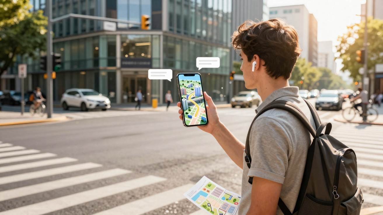 Junger Mann mit Rucksack nutzt Smartphone-Navigations-App an einer belebten Kreuzung in der Stadt.