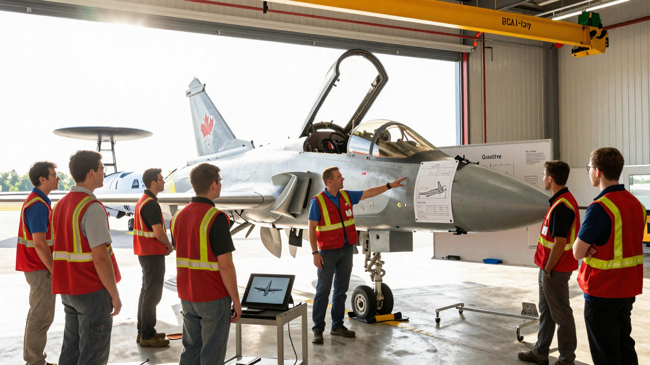 Gruppe von Personen mit Warnwesten vor einem Kampfflugzeug im Hangar bei technischer Besprechung.