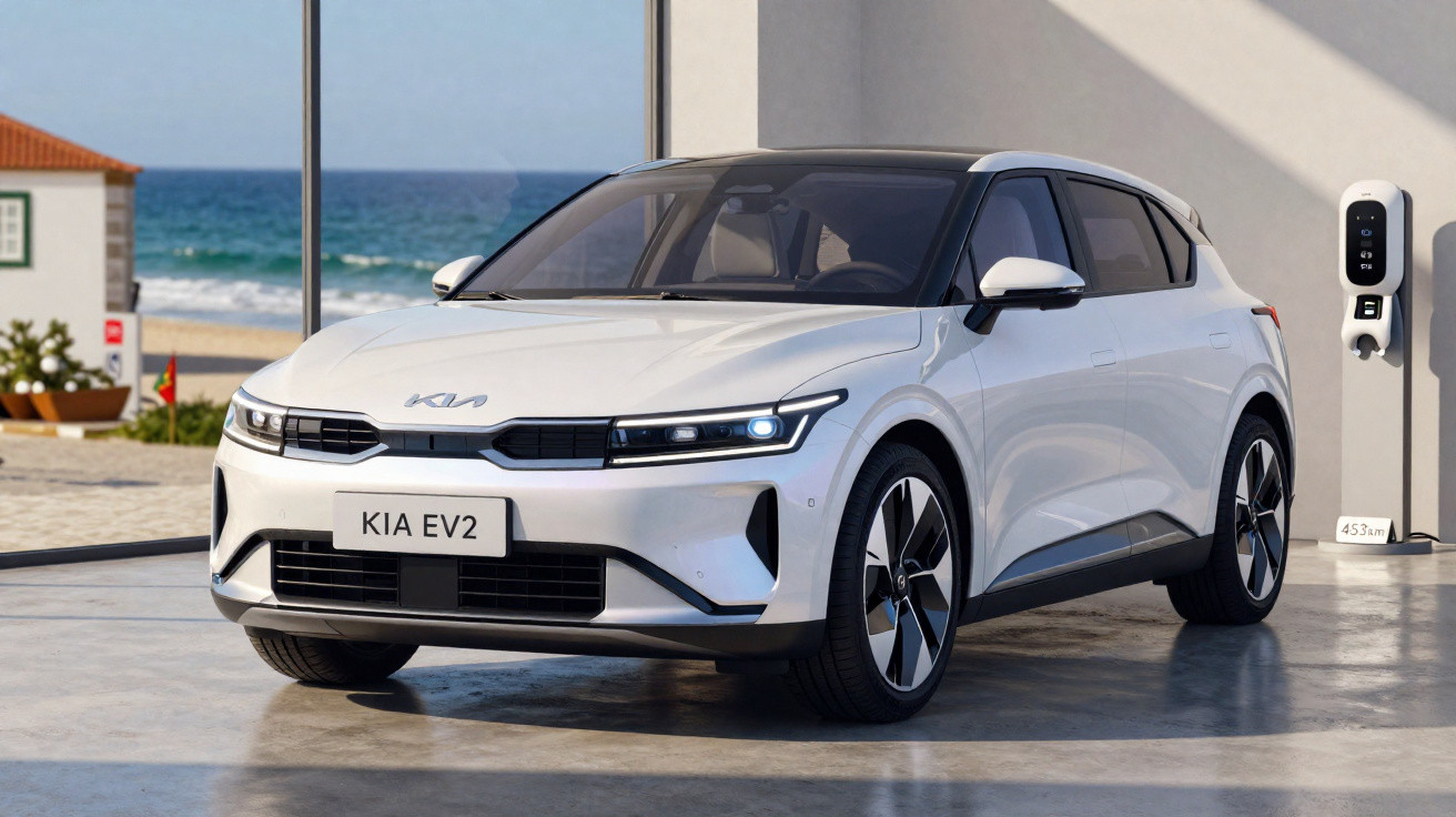 Weißer Kia EV2 Elektroauto steht in modernem Raum mit Blick auf das Meer und Ladestation an der Wand.