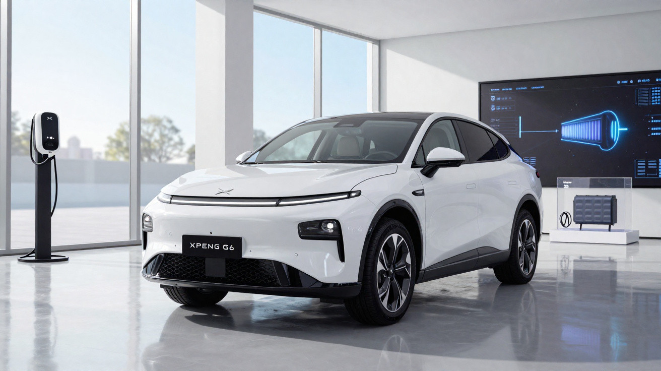 Weißes Elektroauto XPeng G6 vor Ladestation in moderner, heller Ausstellungshalle