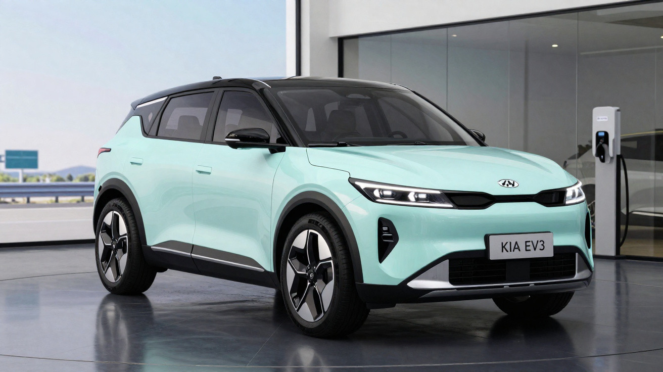 Hellblauer Kia EV3 Elektro-SUV in moderner Garage an Ladestation geparkt.