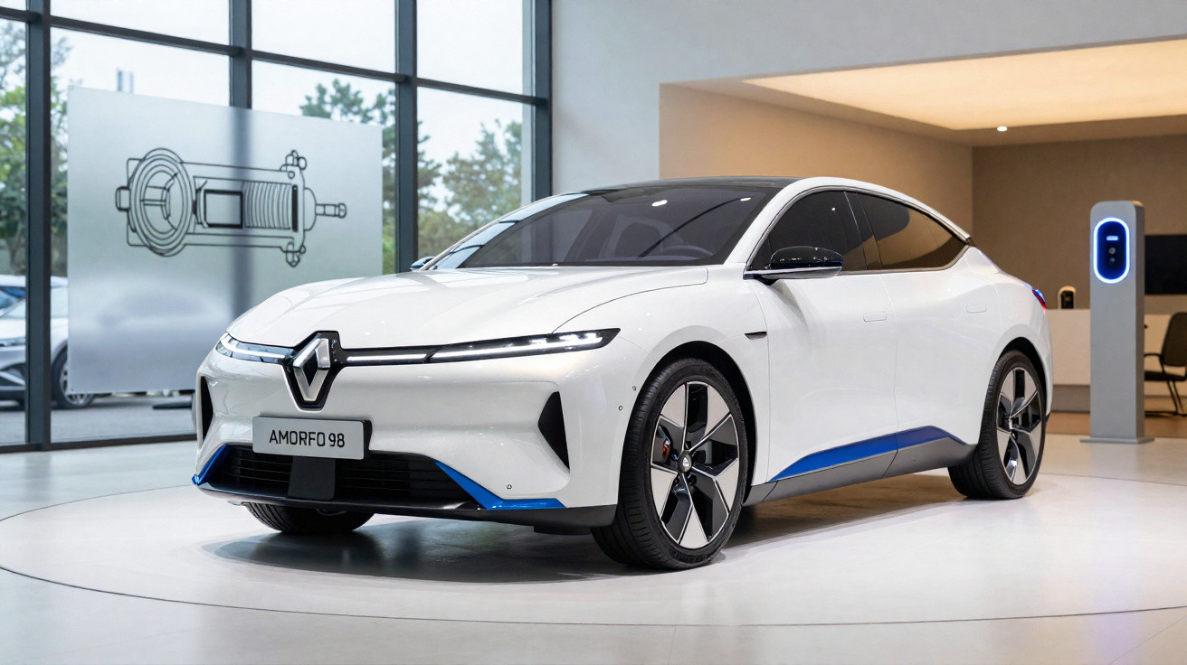 Weißes Renault-Elektroauto in modernem Showroom mit Ladestation im Hintergrund.