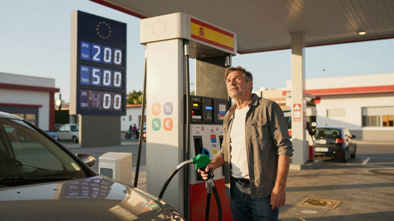Mann steht an spanischer Tankstelle und tankt Auto bei sonnigem Wetter am Abend.