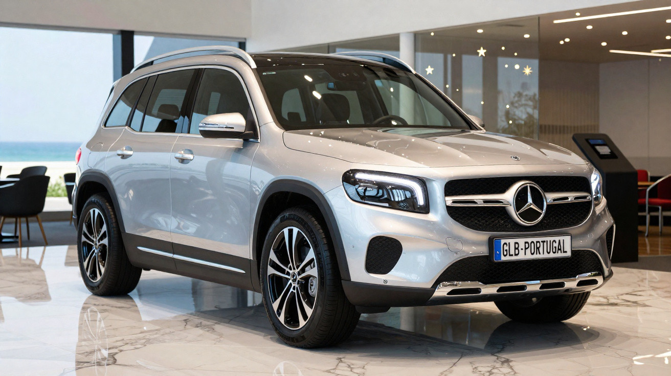 Silberner Mercedes-Benz GLB SUV im Showroom mit portugiesischem Nummernschild GLB-PORTUGAL.