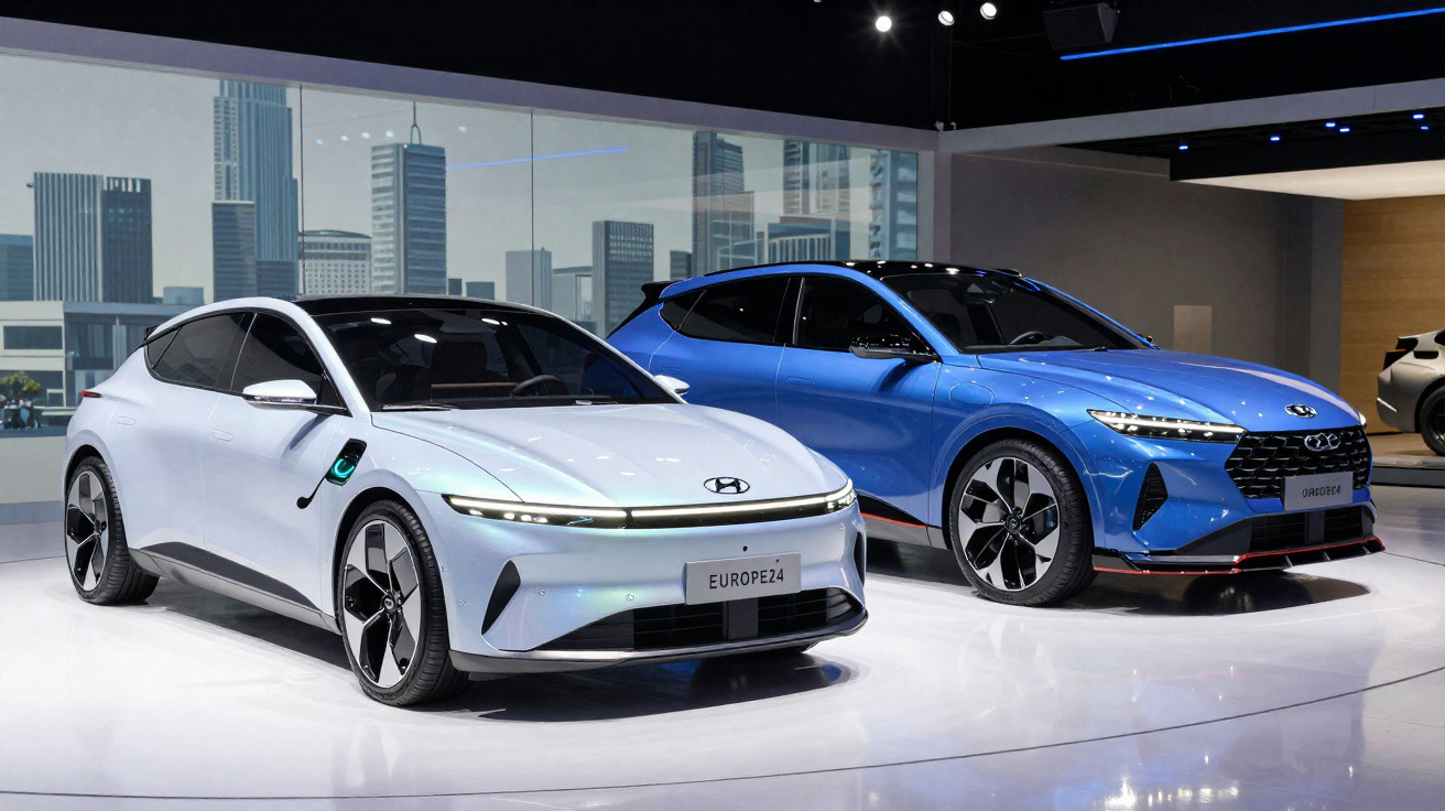 Zwei moderne Elektroautos von Hyundai in Weiß und Blau stehen auf einer Messe vor städtischem Hintergrund.