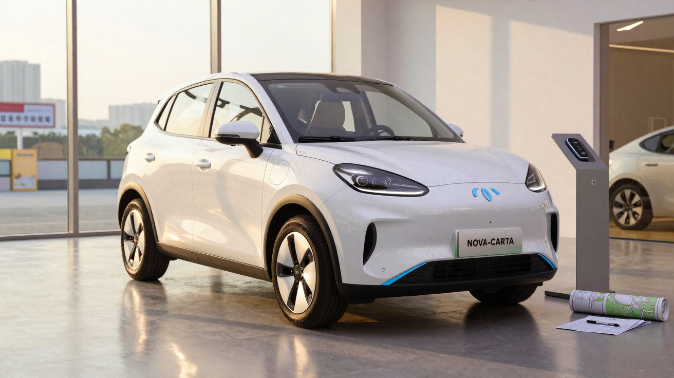 Weißes Elektroauto NOVA-CARTA in moderner Garage neben Ladestation und entworfenen Plänen auf dem Boden.