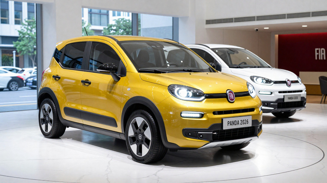 Gelber Fiat Panda 2026 und weißer Fiat Panda 2023 Modell im modernen Autohaus Ausstellungsraum.