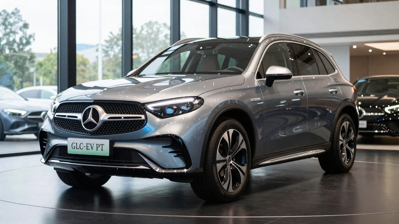 Silberner Mercedes-Benz GLC-EV PT Elektro-SUV in einem modernen Autohaus mit großen Fenstern.