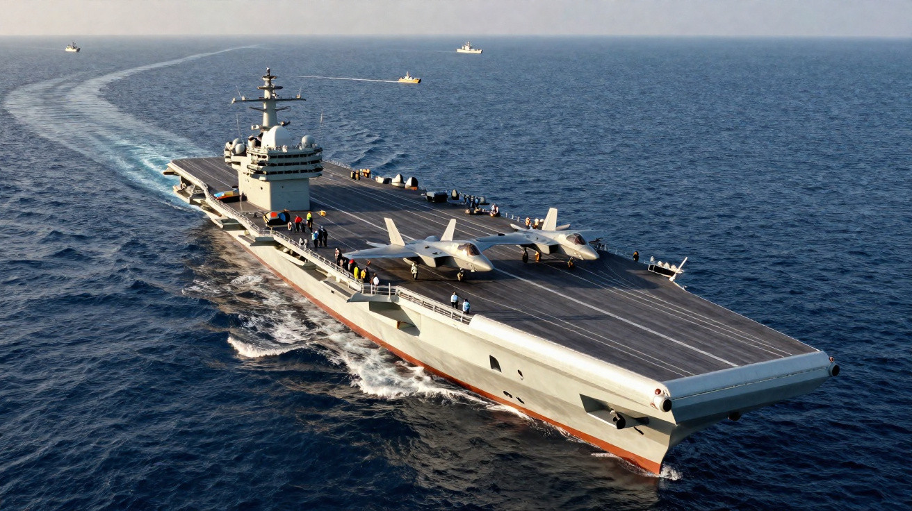 Flugzeugträger mit zwei stehenden Flugzeugen auf dem Deck auf offenem Meer bei klarem Wetter.
