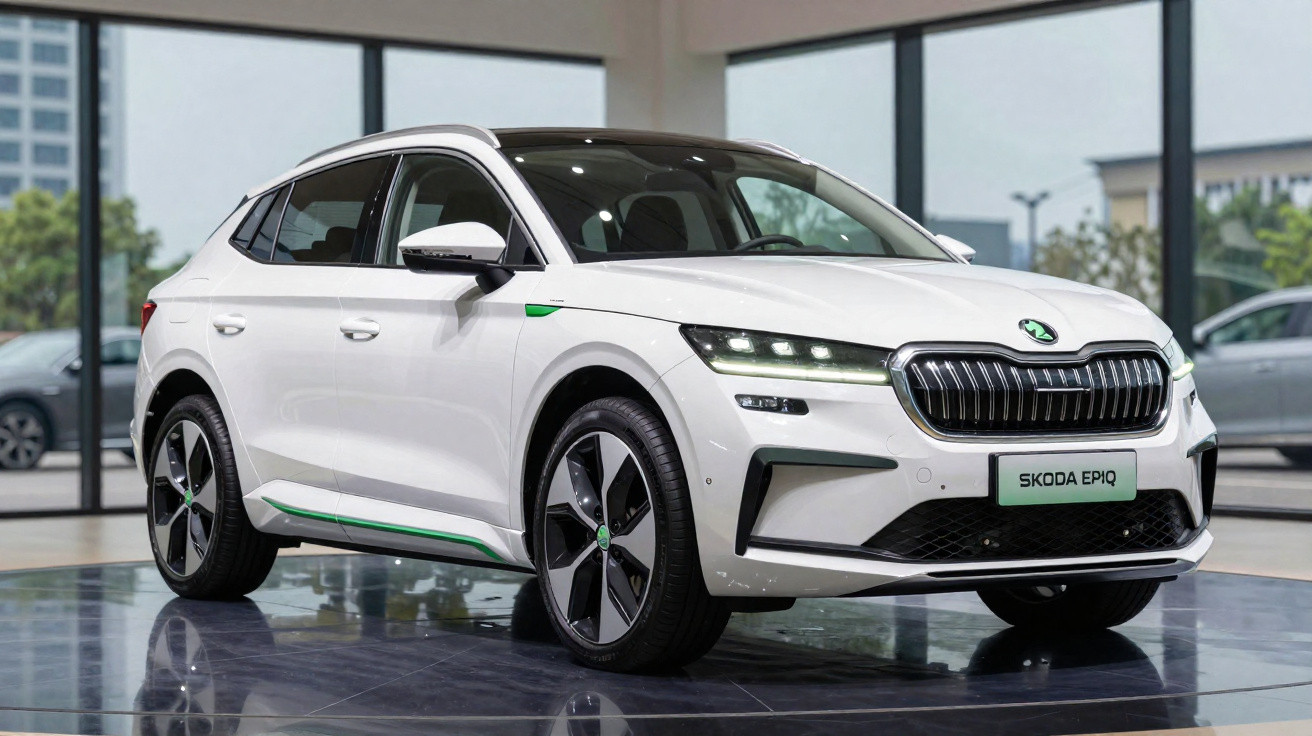 Weißer Skoda Epiq Elektro-SUV im Showroom mit moderner Front und LED-Scheinwerfern.