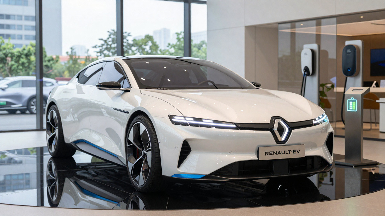 Weißer Renault-Elektrosportwagen im Showroom neben Ladestation mit digitaler Akkuanzeige.