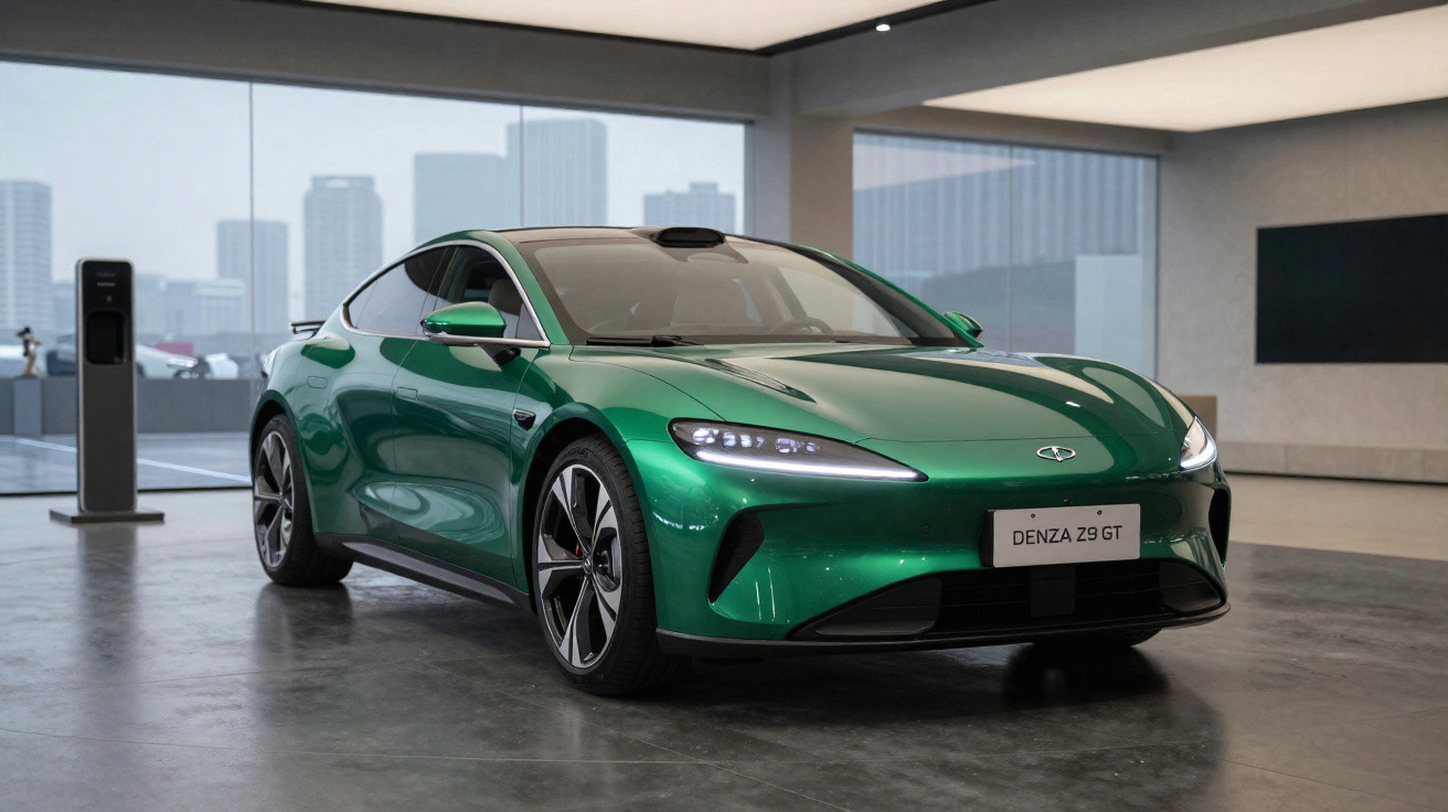 Grünes Elektroauto Denza Z9 GT in modernem Showroom mit großen Fenstern und Ladestation im Hintergrund.